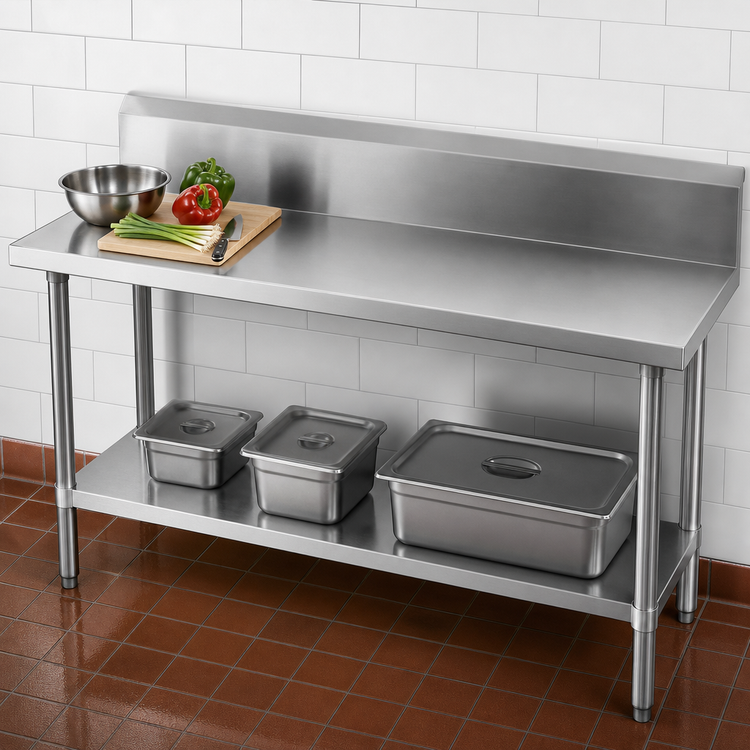 Product image #3 for Advance Tabco 144-Inch x 30-Inch 14-Gauge 304 Stainless Steel Work Table with 10-Inch Backsplash and Adjustable Undershelf