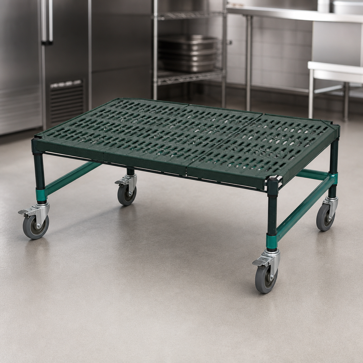 Product image #3 for QuadPlus Mobile Dunnage Rack with Louvered Polypropylene Mat, 60 x 21 x 14 Inches, 800 lb Capacity, Green Epoxy