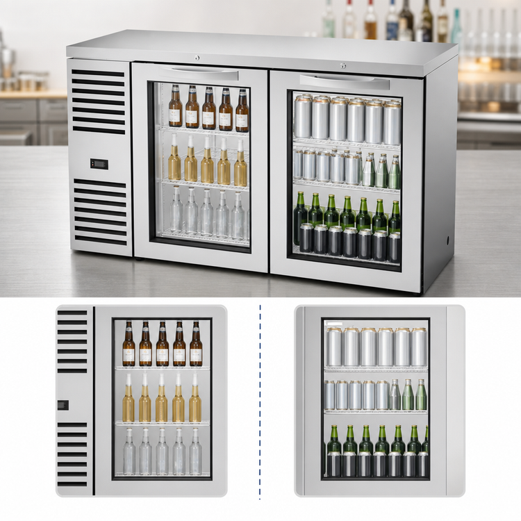 Product image #3 for 60-Inch Two-Section Refrigerated Back Bar Cooler with Glass Doors and Side-Mounted Self-Contained Refrigeration