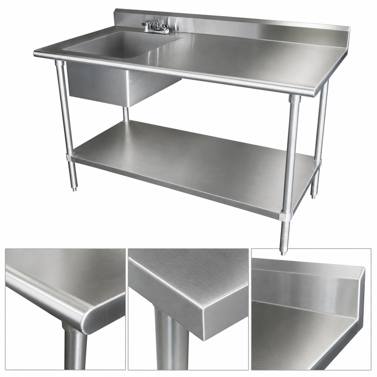 Product image #3 for Advance Tabco Special Value Series 48" x 30" Work Table with Left Prep Sink, 16-Gauge 430 Stainless Steel Top, 5" Backsplash, and Undershelf
