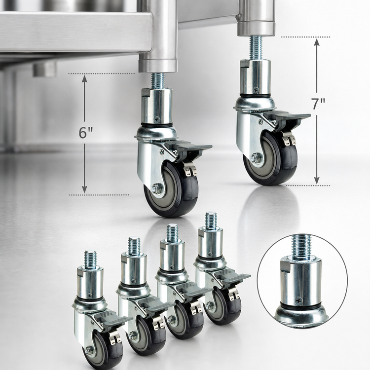 Product image #3 for Krowne Royal Series Adjustable Height 3" Swivel Stem Caster with Lock, 3/4"-10 Threaded Stem, Set of 4