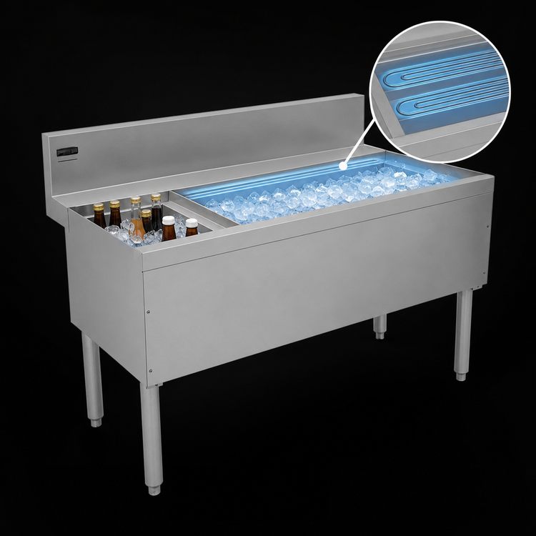 Product image #3 for Advance Tabco Prestige Supreme 42-Inch Stainless Steel Bar Ice Bin with 10-Circuit Cold Plate and Left Bottle Rack