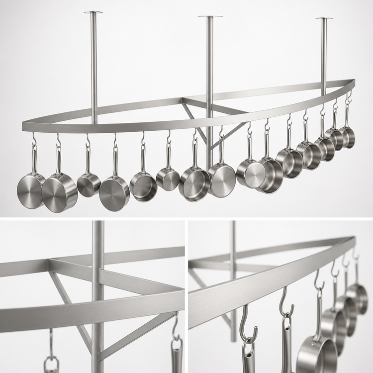 Product image #3 for John Boos Boat-Shaped Ceiling-Mounted Stainless Steel Pot Rack with 24 Double Hooks