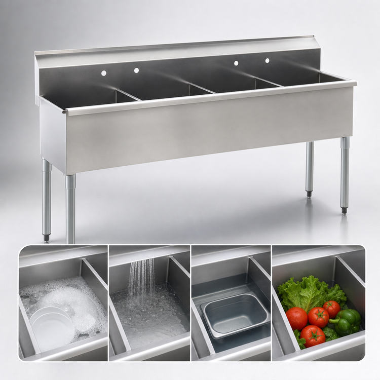 Product image #3 for Eagle Group Four-Compartment Utility Sink, 73-3/8 in. x 22 in., 304 Stainless Steel, No Drainboards
