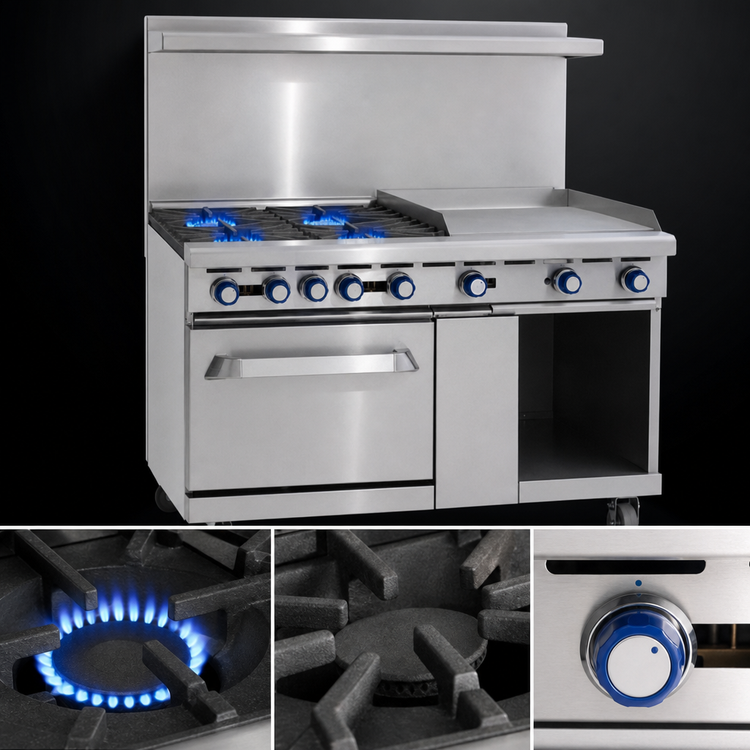 Product image #3 for Imperial Pro Series 48-Inch Stainless Steel Gas Restaurant Range with 4 Open Burners, 24-Inch Griddle, Convection Oven, and Open Cabinet Base