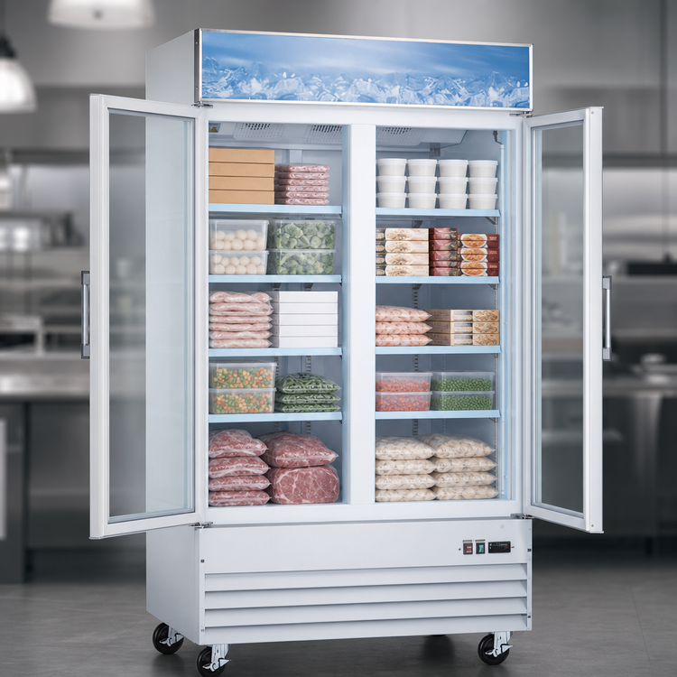 Product image #3 for Omcan Two-Section Reach-In Display Glass Door Freezer, 29 Cu. Ft., Self-Contained Bottom Mount