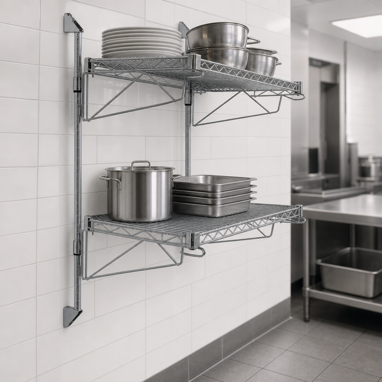 Product image #3 for Quantum Wall-Mounted Cantilever Double Shelf Wire Shelving Unit, 24 x 12 Inches, Gray Epoxy Antimicrobial Finish