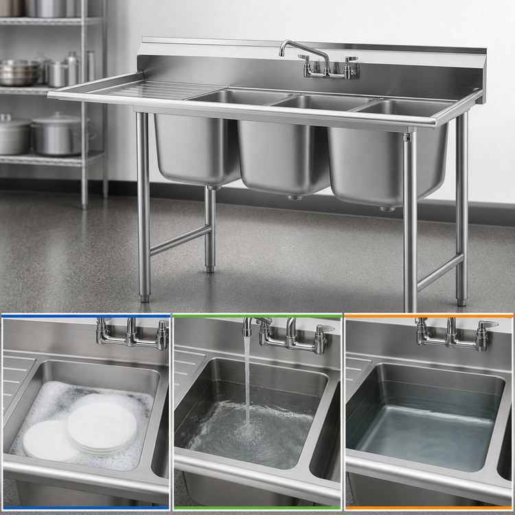 Product image #3 for Eagle Group 414 Series Three-Compartment Sink with 18-Inch Left Drainboard, 430/304 Stainless Steel, 74-3/8-Inch Wide