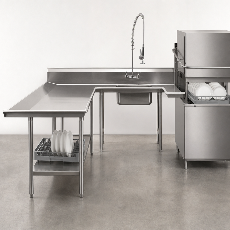 Product image #3 for Advance Tabco 108-Inch U-Shaped Soiled Dish Table with Left-Side Dishmachine Attachment, Dish Landing, and Pre-Rinse Sink