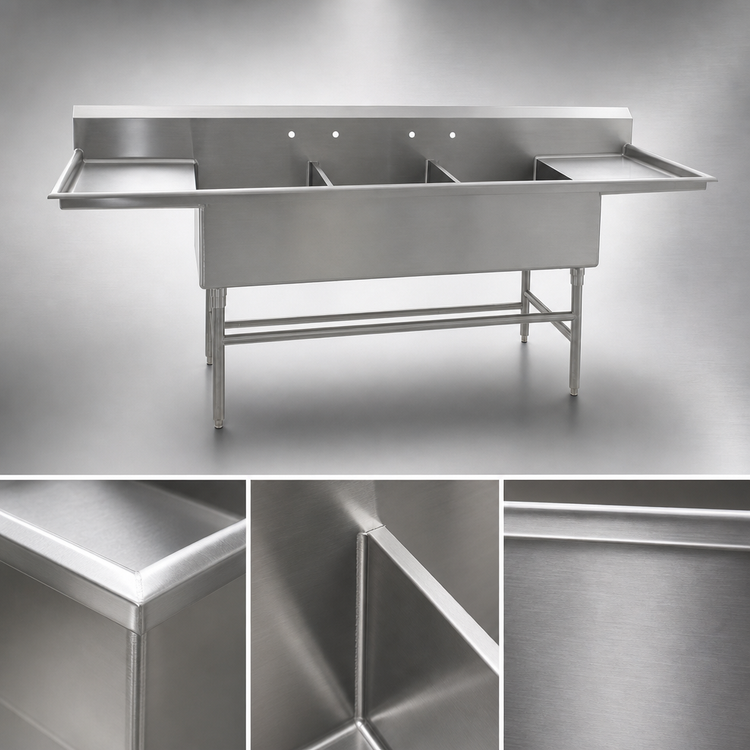 Product image #3 for Eagle Group Spec-Master FFN2790-3-30-14/3 3-Compartment Stainless Steel Flush Front Commercial Sink with 30" Drainboards
