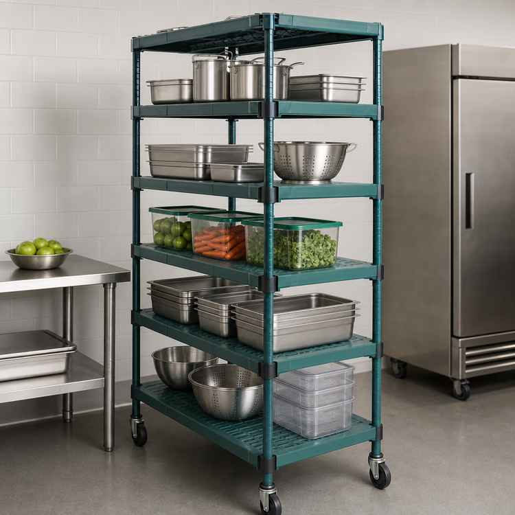 Product image #3 for QuadPlus Mobile 5-Tier Wire Shelving Starter Unit with Casters, 36W x 21D x 74H, Green Epoxy Finish