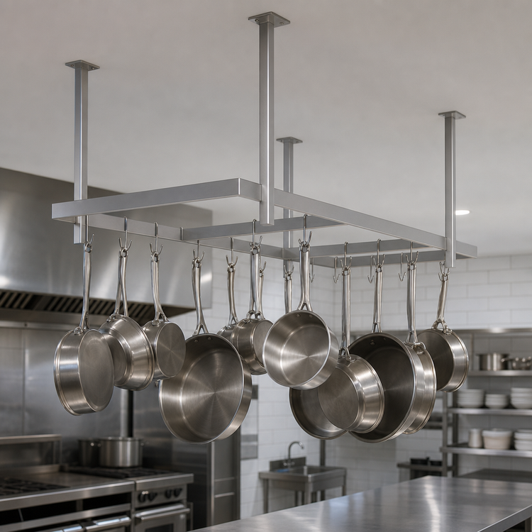 Product image #3 for John Boos Ceiling-Mounted Square Stainless Steel Pot Rack with 21 Double Hooks