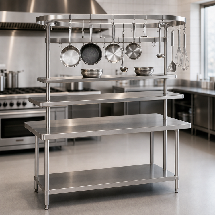 Product image #3 for Advance Tabco SCT-84 84-Inch Circular Table-Mounted Stainless Steel Pot Rack with 18 Hooks and Utensil Rack