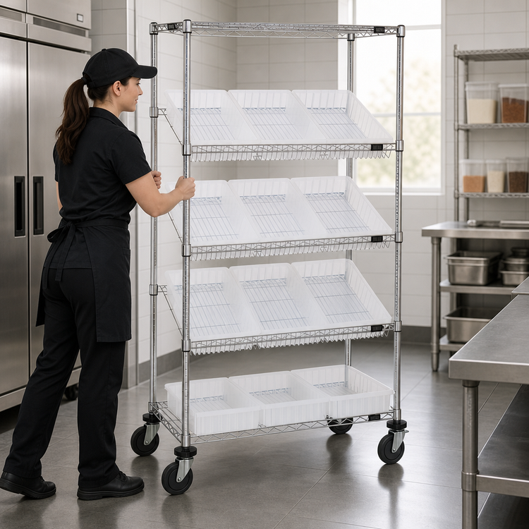 Product image #3 for Quantum Mobile Wire Shelving Bin System with 12 Clear Bins, Chrome Plated, 36W x 18D x 63H