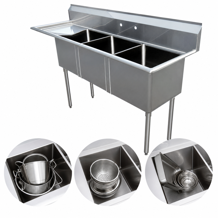 Product image #3 for 3-Compartment Pot Sink with Left Drainboard, 18 x 18 x 11 Inch Bowls, 304 Stainless Steel