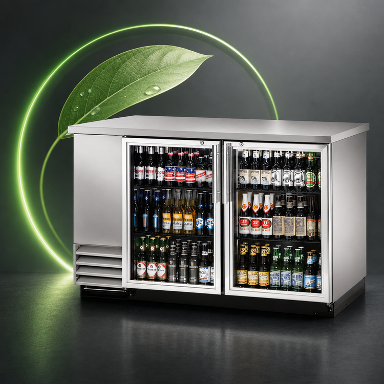Product image #3 for Two-Section Glass Swing Door Back Bar Cooler, 58-7/8 Inch, Stainless Steel, Left-Side Condensing Unit