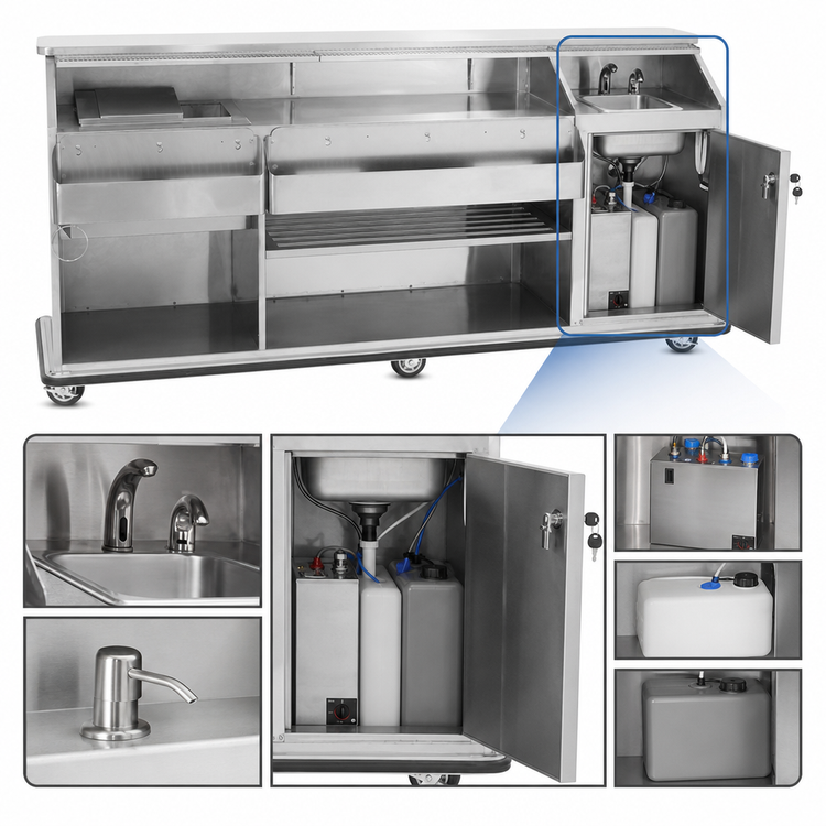 Product image #2 for FWE Weather-All 8-Foot Stainless Steel Mobile Bar with Hand Sink and 60 lb Ice Bin