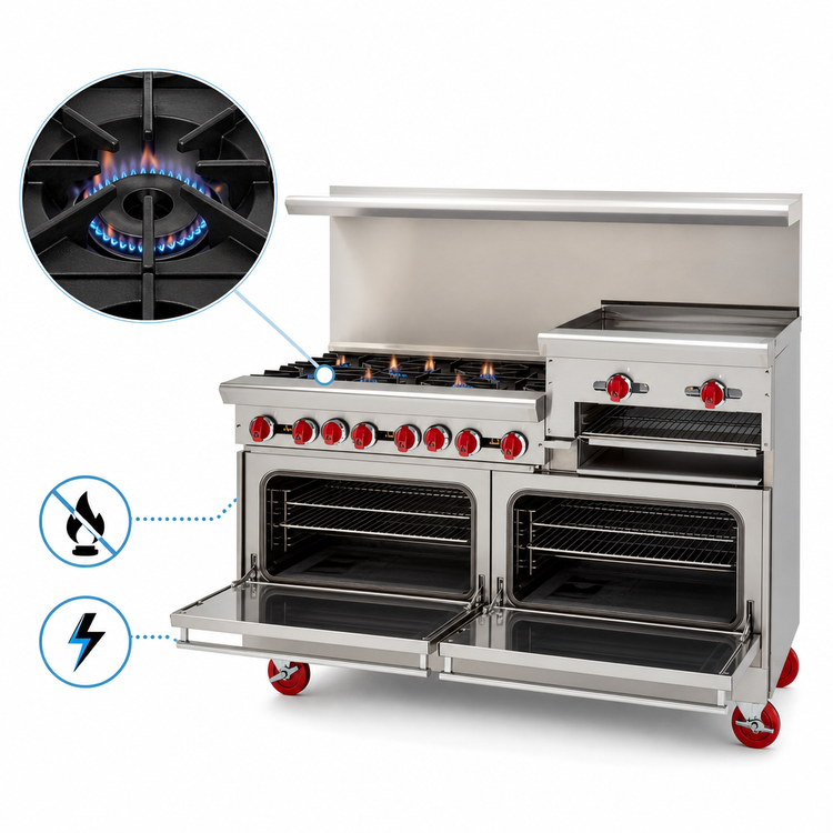 Product image #3 for American Range Green Flame 60-Inch Gas Range with 6 Open Burners, 24-Inch Raised Griddle/Broiler and Dual Ovens (ARGF-6B-24RG)
