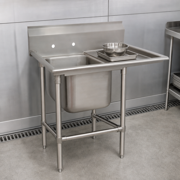 Product image #3 for Advance Tabco Regaline Single Compartment Sink with Right-Hand Drainboard, 20 x 20 x 14 Inch Bowl, 14 Gauge 304 Stainless Steel