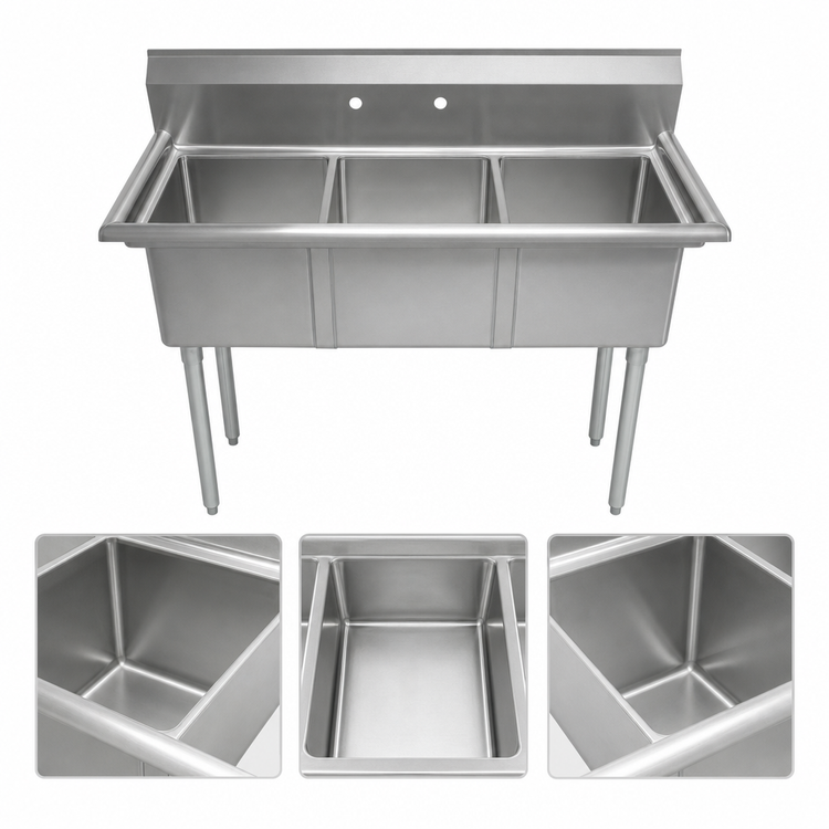 Product image #3 for Omcan USA Three-Compartment Pot Sink with 18 x 18 x 11 Inch Bowls, 304 Stainless Steel, No Drainboard