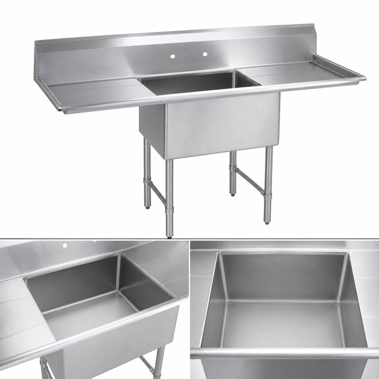 Product image #3 for One Compartment Double Drainboard Stainless Steel Sink with 18 x 24 x 14 Bowl, 24-Inch Drainboards, and Stainless Steel Legs