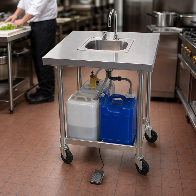 Product image #3 for BK Resources Mobile Hot Water Hand Wash Sink with 12" x 10" Bowl, 5-Gallon Fresh Water Tank, and 7-Gallon Waste Water Tank