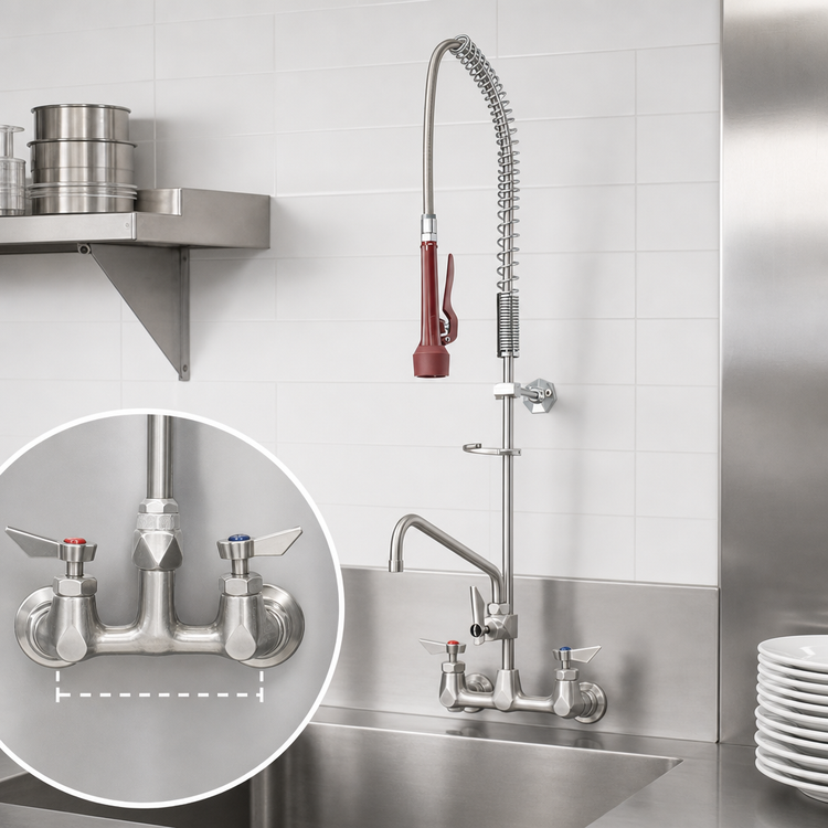 Product image #3 for Krowne Diamond Series 8-Inch Center Wall-Mount Pre-Rinse Faucet Assembly with 12-Inch Add-On Swing Spout
