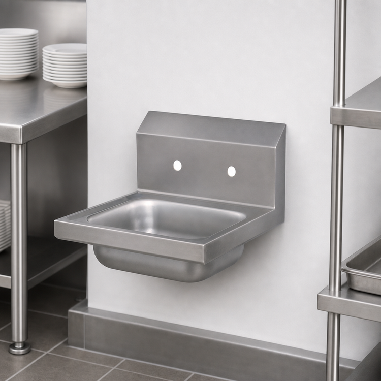 Product image #3 for BK Resources Wall-Mount Hand Sink with 14-Inch x 10-Inch x 5-Inch Bowl, 304 Stainless Steel, 8-Inch OC Faucet Holes