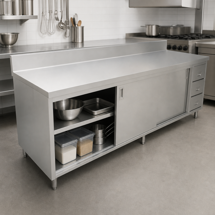Product image #3 for 72-Inch Stainless Steel Cabinet Base Work Table with Sliding Doors and 3 Drawers, 30-Inch Deep, 6-Inch Backsplash