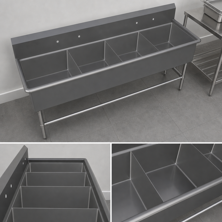 Product image #3 for John Boos Pro-Bowl 4-Compartment Stainless Steel Commercial Sink with Legs and 10-Inch Backsplash