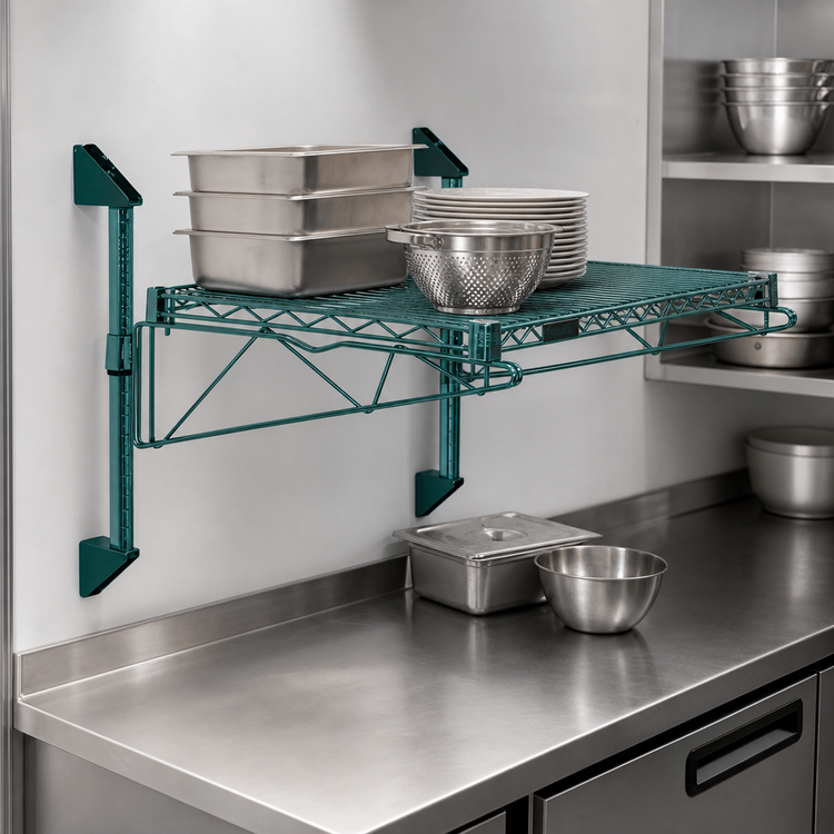 Product image #3 for Quantum Wall-Mount Cantilever Single Shelf Wire Shelving Unit, 30"W x 21"D, Green Epoxy Coated