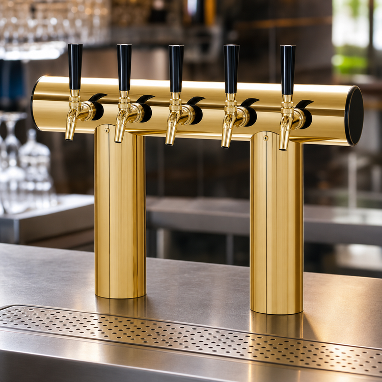 Product image #3 for Perlick 5-Faucet Glycol-Cooled Winged Tee Countertop Draft Beer Tower, Tarnish-Free Brass Finish