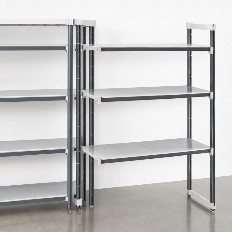 Product image #3 for Cambro Camshelving Elements XTRA 4-Tier Solid Stationary Add-On Polymer Shelving Unit, 24" x 30" x 64", Speckled Gray