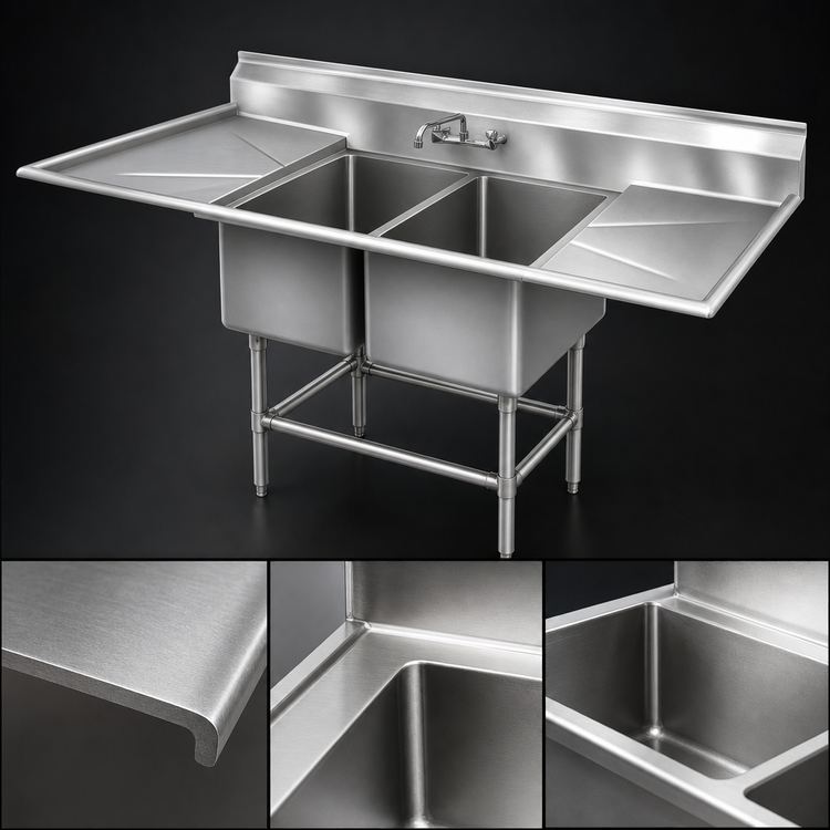 Product image #3 for Eagle Spec-Master FN Series Coved Corner Two-Compartment Sink with Left Drainboard, 24 x 24 x 14-Inch Compartments, 77-1/2-Inch Wide