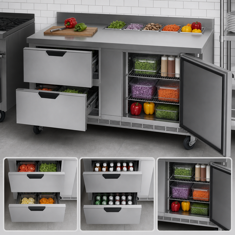 Product image #3 for Beverage-Air Two-Section Worktop Refrigerator with 2 Drawers and 1 Door, 60-Inch Flat Top