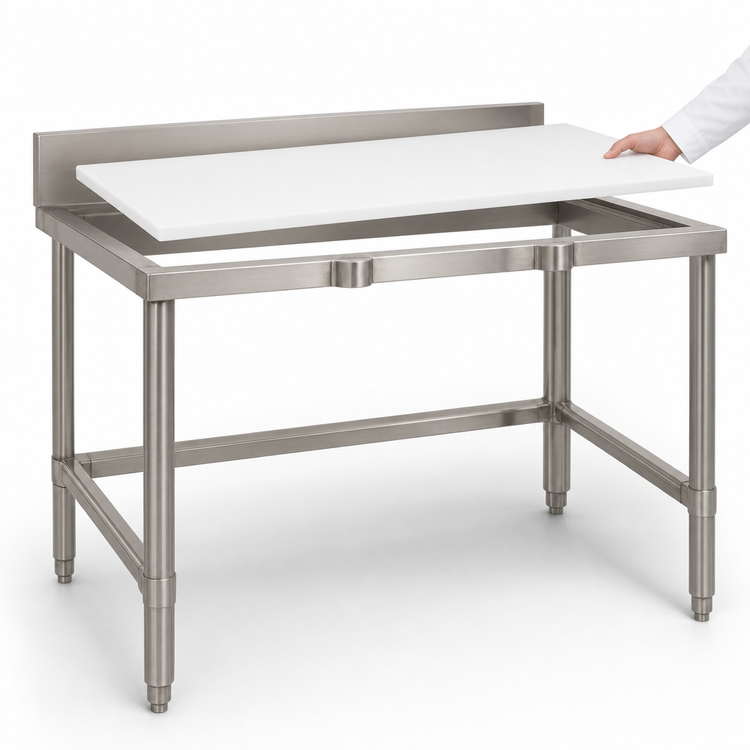 Product image #3 for Eagle Group 72-Inch x 36-Inch Poly Top Trimming Table with 4-Inch Removable Backsplash and Open Stainless Steel Base