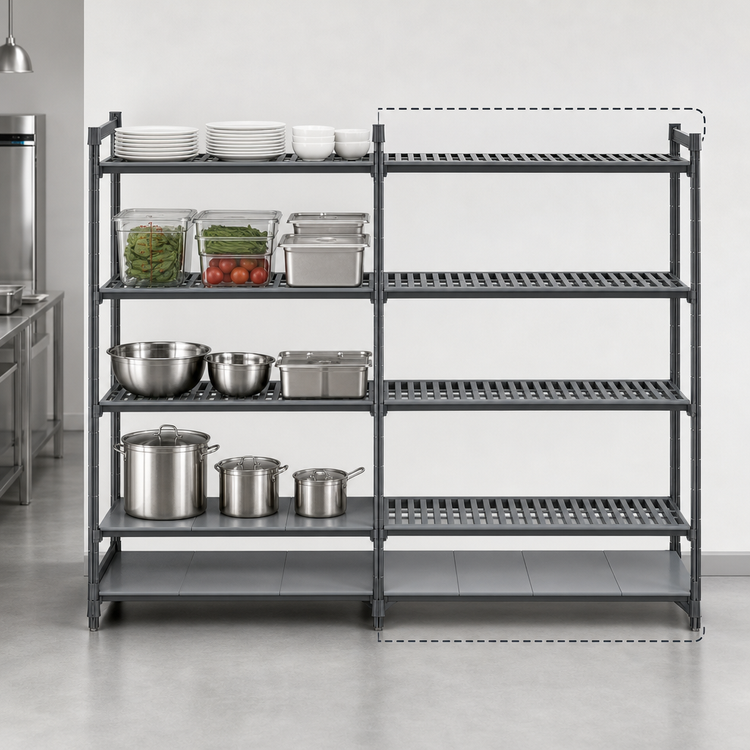 Product image #3 for Cambro Camshelving Basics Plus 21 x 60 x 64 Inch 4-Shelf Add-On Polymer Shelving Unit, Vented and Solid, Brushed Graphite