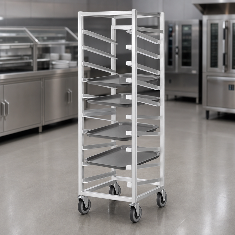 Product image #3 for Channel T440A6 Single Section Trapezoidal Aluminum Cafeteria Tray Rack with Casters, End Load, 18-Tray Capacity