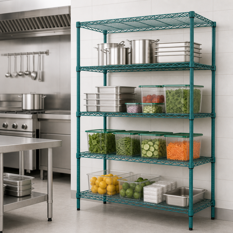 Product image #3 for Quantum 4-Tier Wire Shelving Unit, 30 x 24 x 72 Inches, Green Epoxy Antimicrobial Finish