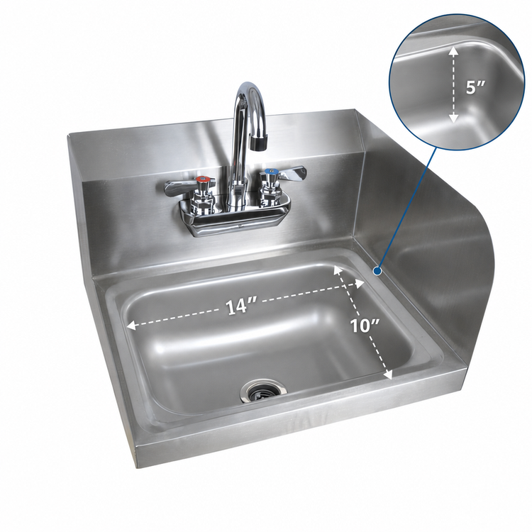 Product image #3 for BK Resources 14" x 10" Wall-Mount Hand Sink Package with Right Side Splash, Lead-Free Faucet, and Basket Drain