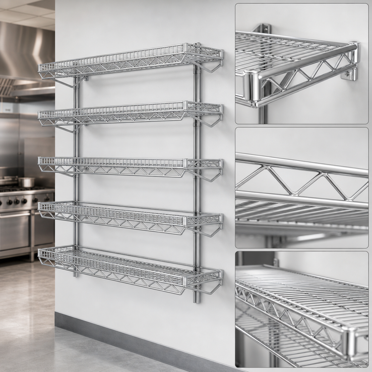 Product image #3 for Eagle Group QuadTruss 5-Tier Wall-Mounted Piggyback Wire Shelf Kit, 60 x 18 Inches, Chrome