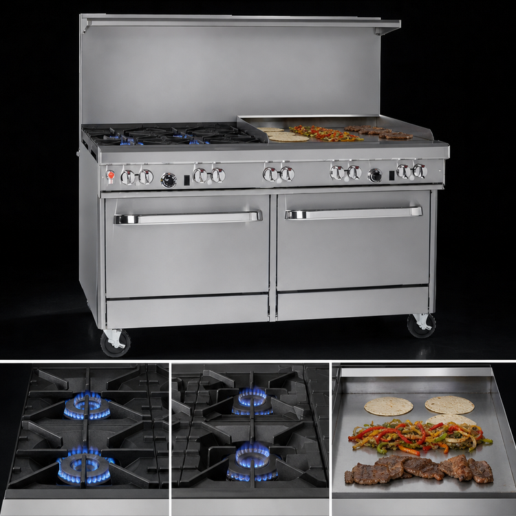 Product image #3 for Southbend Ultimate 60-Inch Gas Restaurant Range with 4 Burners, 36-Inch Griddle, Standard Oven, and Cabinet Base