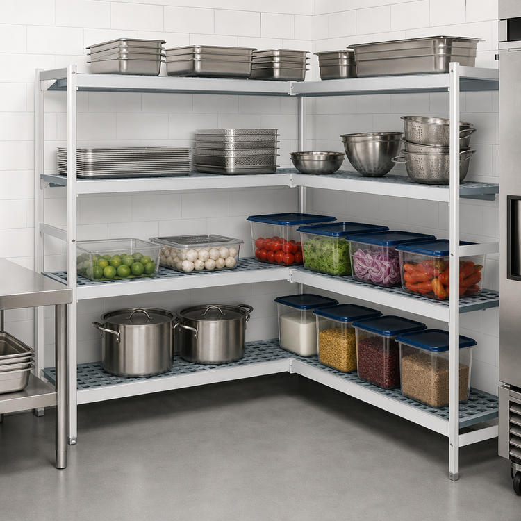 Product image #3 for Fermostock 4-Tier Corner Expansion Polymer Shelving Kit, 66 Inch H x 42 Inch W x 18 Inch D, Gray