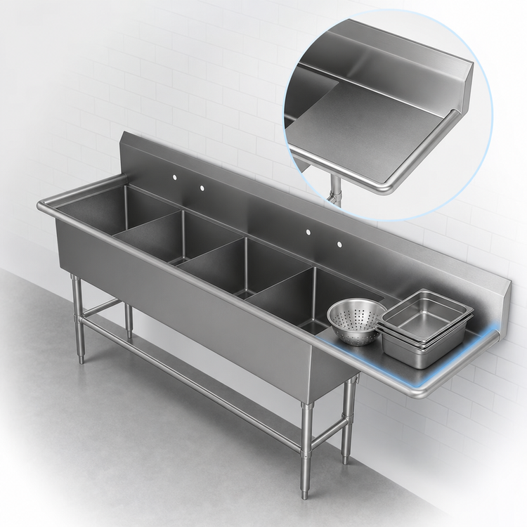 Product image #3 for John Boos Pro-Bowl 4-Compartment Sink with Right Drainboard, 18" x 24" x 12" Bowls, 16-Gauge Stainless Steel