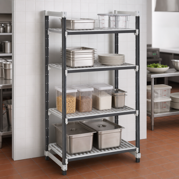 Product image #3 for Cambro Camshelving Elements XTRA 4-Tier Stationary Starter Unit, 24-Inch Deep x 36-Inch Wide x 84-Inch High, Vented, Speckled Gray