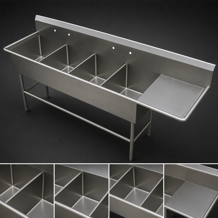 Product image #3 for John Boos Pro-Bowl 4-Compartment Sink with Right Drainboard, 30" x 24" Bowls, 14-Gauge Stainless Steel