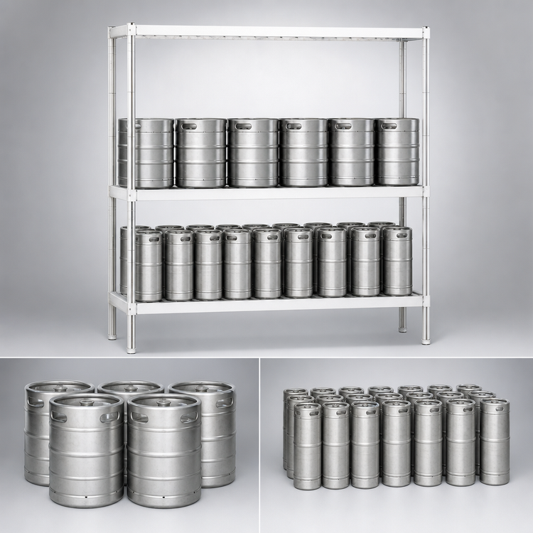 Product image #3 for New Age Aluminum Keg Rack with 3 T-Bar Shelves, 6 Half-Barrel / 18 Sixth-Barrel Capacity