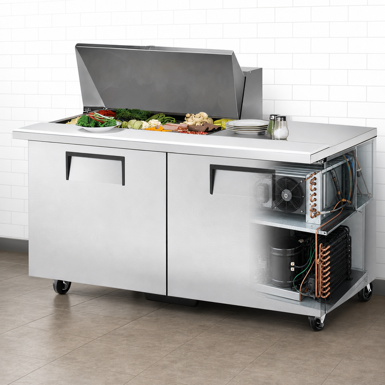 Product image #3 for True 60-Inch Mega Top 2-Section Refrigerated Sandwich/Salad Prep Table with Solid Doors and 15-Pan Opening