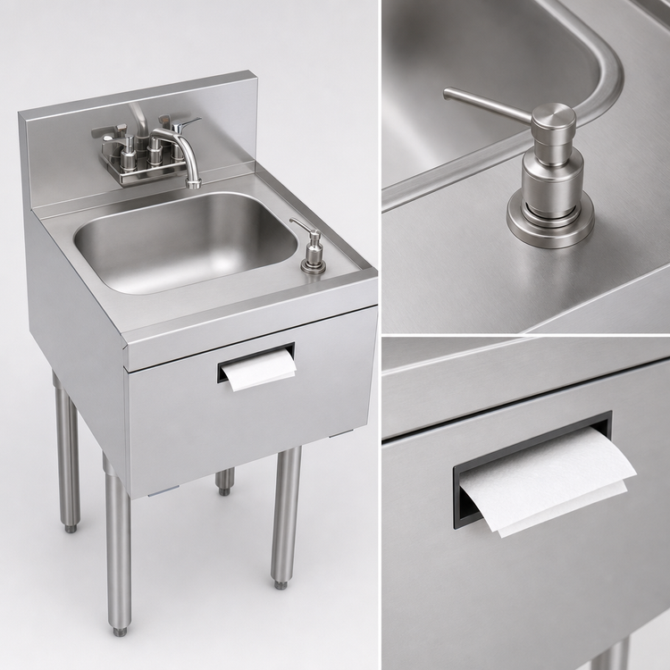 Product image #3 for Krowne Royal Series Freestanding Underbar Hand Sink Unit with Soap & Towel Dispenser, 18" x 19", 14" x 10" Bowl