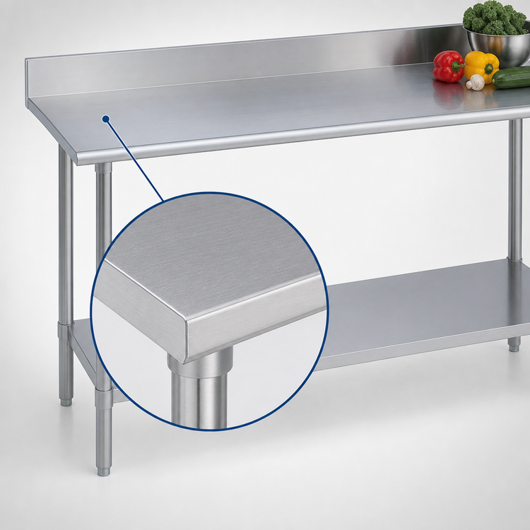 Product image #3 for Duke 120-Inch x 30-Inch 14-Gauge 300-Series Stainless Steel Work Table with 5-Inch Riser and Stainless Undershelf